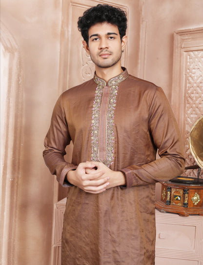 Coffee Brown Hand Embroidery Kurta With Aligarhi Pant