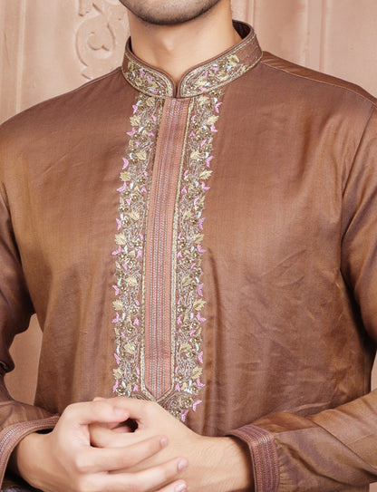 Coffee Brown Hand Embroidery Kurta With Aligarhi Pant