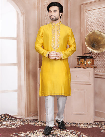 Yellow Hand Embroidery kurta With Aligarhi Pant