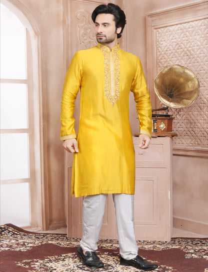 Yellow Hand Embroidery kurta With Aligarhi Pant