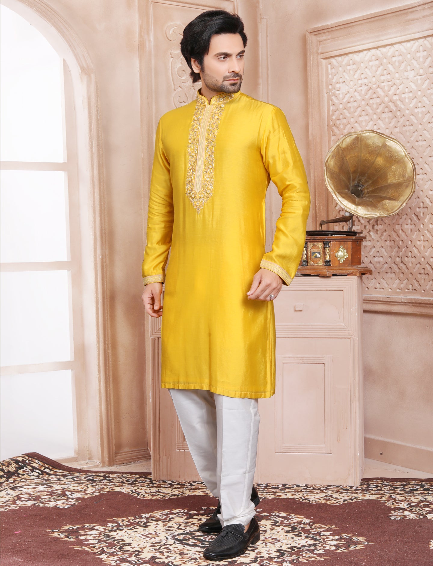 Yellow Hand Embroidery kurta With Aligarhi Pant