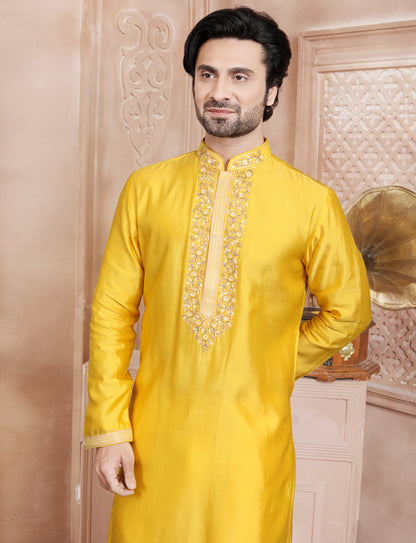 Yellow Hand Embroidery kurta With Aligarhi Pant