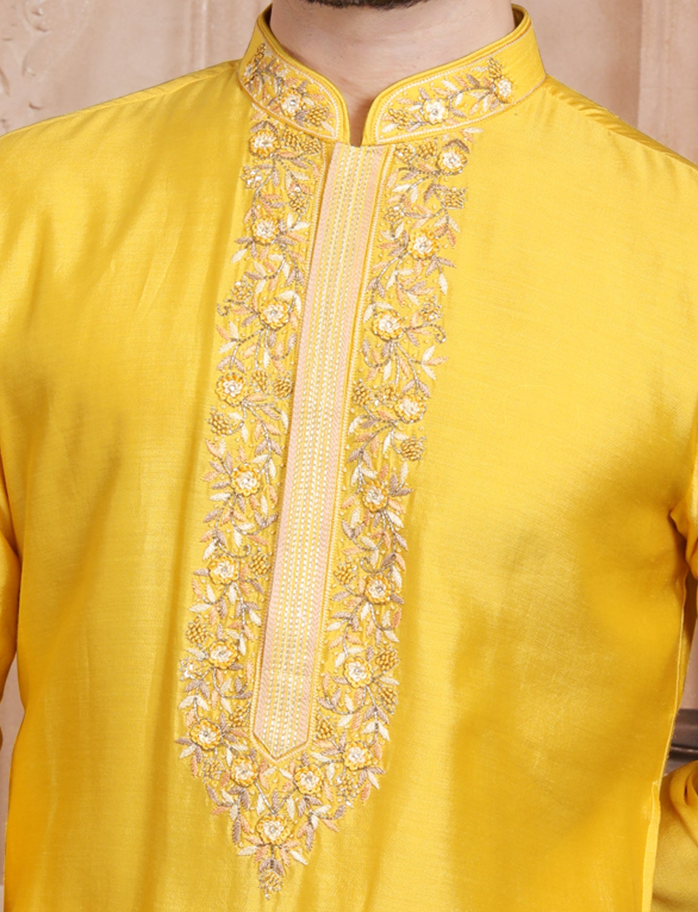 Yellow Hand Embroidery kurta With Aligarhi Pant