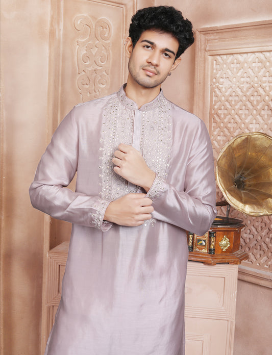 Pastal Rose Banarasi Silk Mirror Work Handcrafted Kurta With Aligarhi Pant