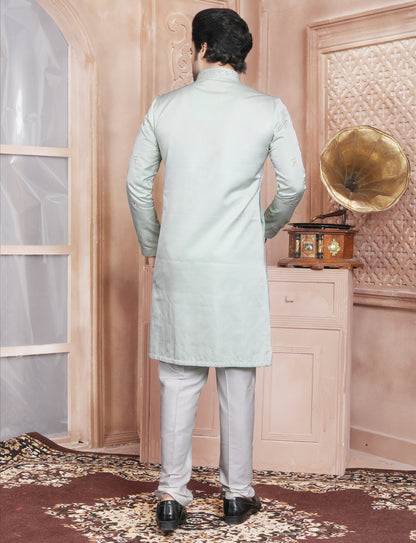 Sea Green Elegant Silk Hand Embroidery Kurta With Aligarhi Pant