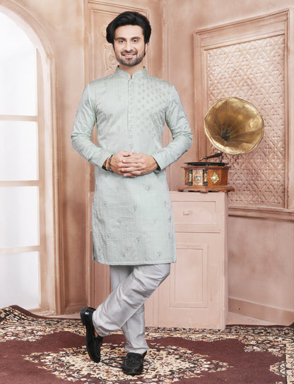 Sea Green Elegant Silk Hand Embroidery Kurta With Aligarhi Pant