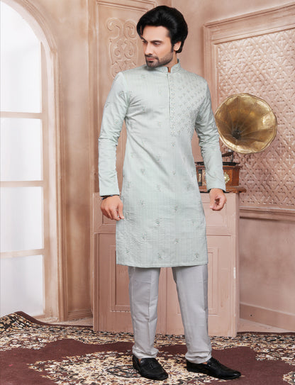 Sea Green Elegant Silk Hand Embroidery Kurta With Aligarhi Pant