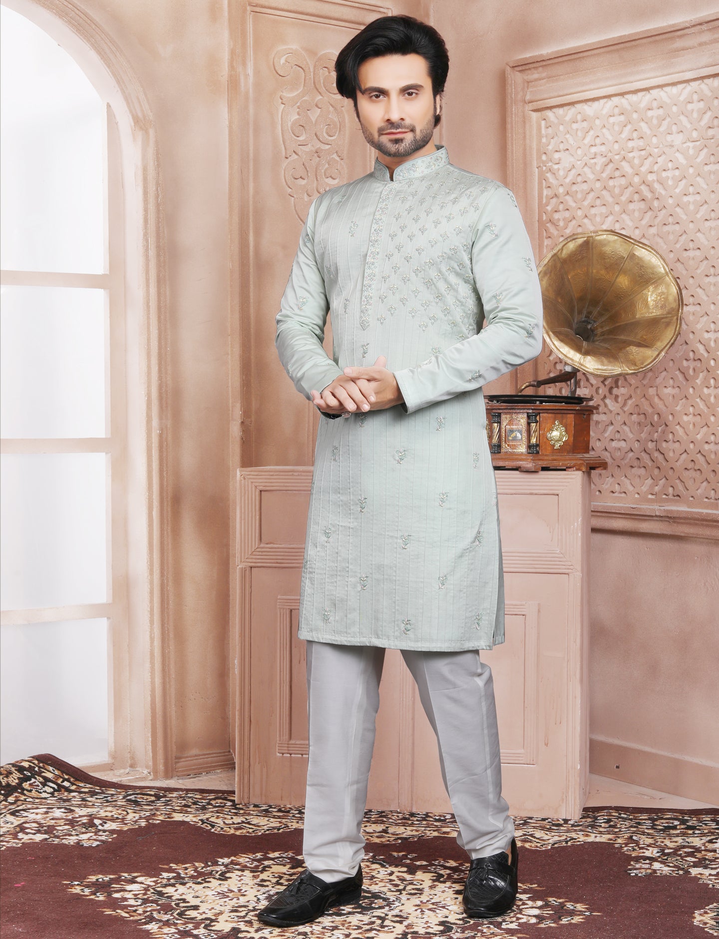 Sea Green Elegant Silk Hand Embroidery Kurta With Aligarhi Pant