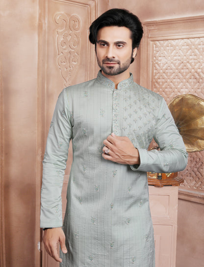 Sea Green Elegant Silk Hand Embroidery Kurta With Aligarhi Pant