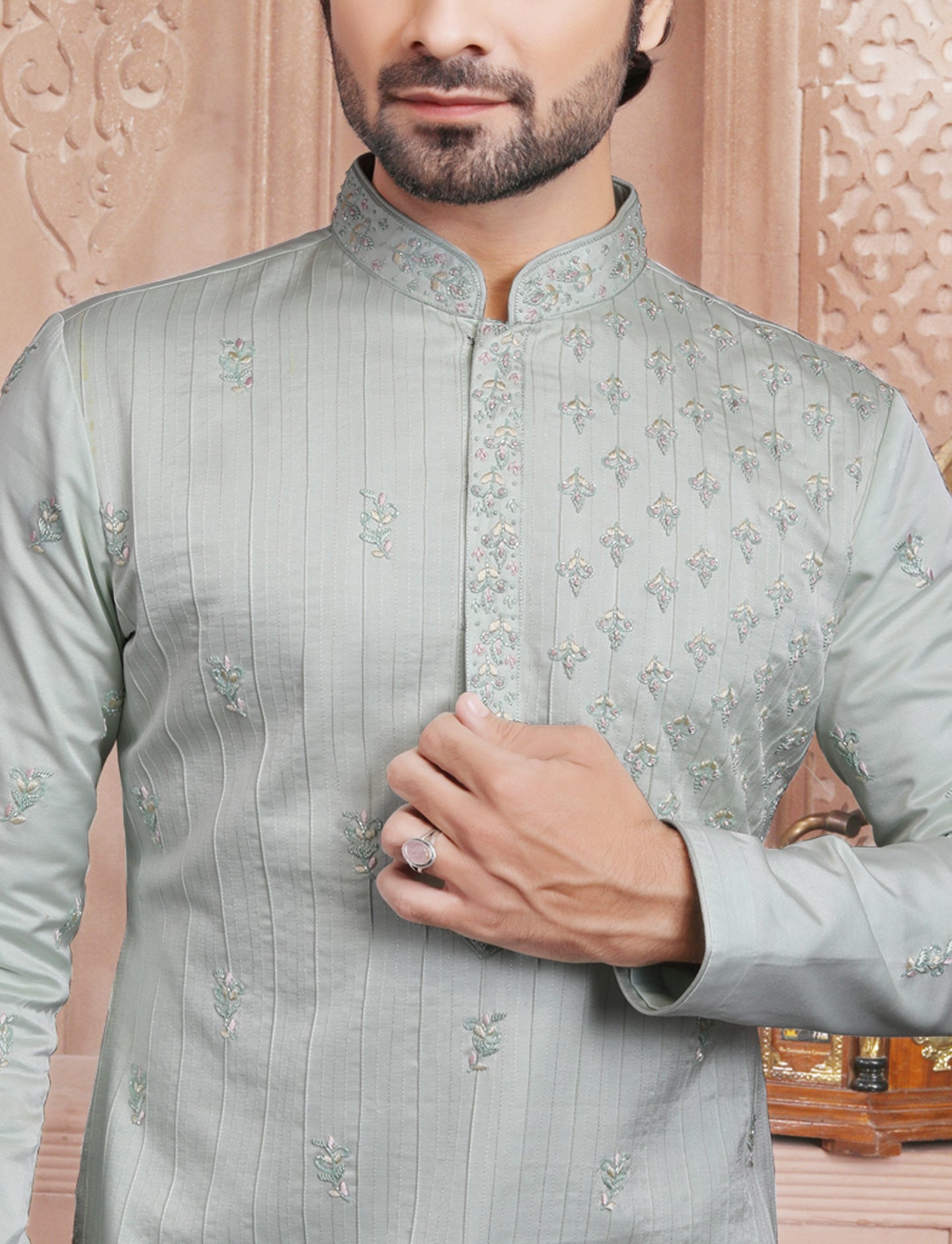 Sea Green Elegant Silk Hand Embroidery Kurta With Aligarhi Pant