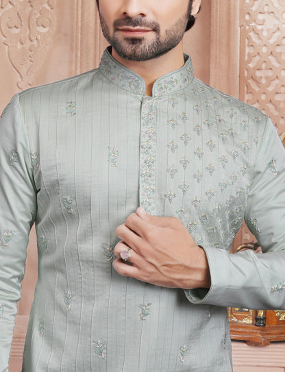 Sea Green Elegant Silk Hand Embroidery Kurta With Aligarhi Pant