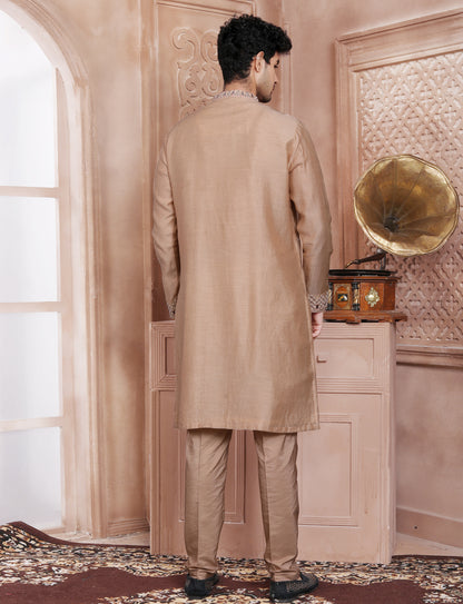 Light Peach Ethnic Handcrafted Mirror Work Kurta With Aligarhi Pant