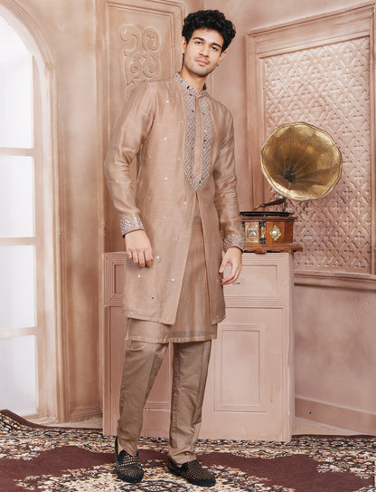 Light Peach Ethnic Handcrafted Mirror Work Kurta With Aligarhi Pant