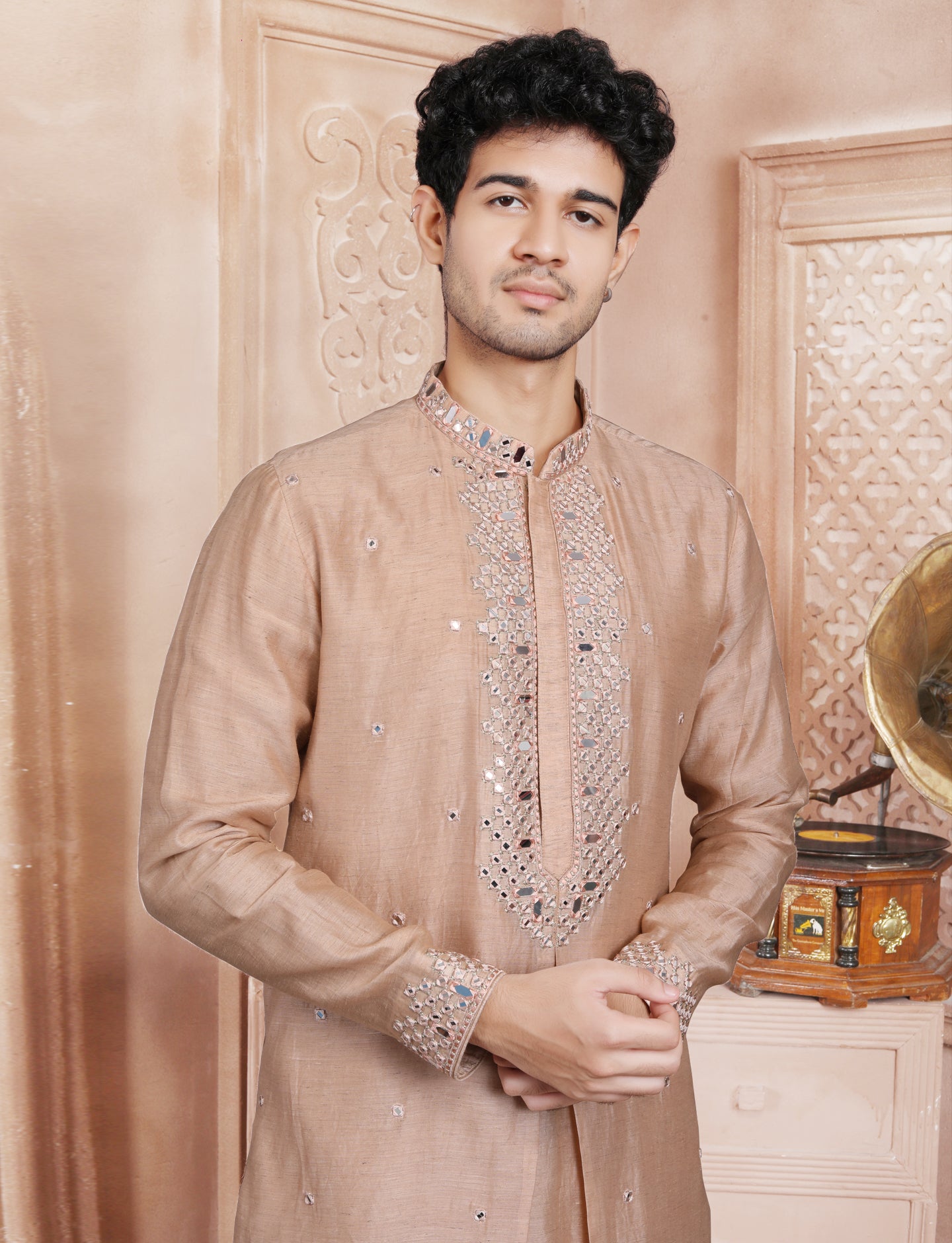 Light Peach Ethnic Handcrafted Mirror Work Kurta With Aligarhi Pant