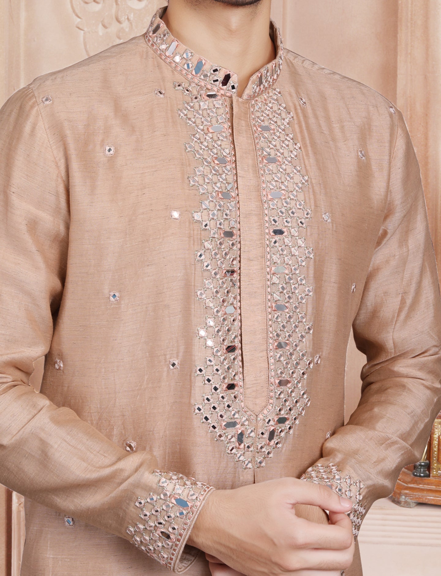 Light Peach Ethnic Handcrafted Mirror Work Kurta With Aligarhi Pant