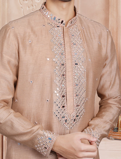 Light Peach Ethnic Handcrafted Mirror Work Kurta With Aligarhi Pant