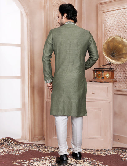 Olive Green Hand embroidery jacket Kurta With Aligarhi Pant