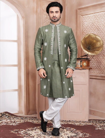 Olive Green Hand embroidery jacket Kurta With Aligarhi Pant