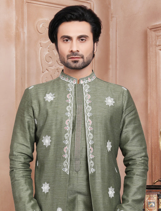 Olive Green Hand embroidery jacket Kurta With Aligarhi Pant