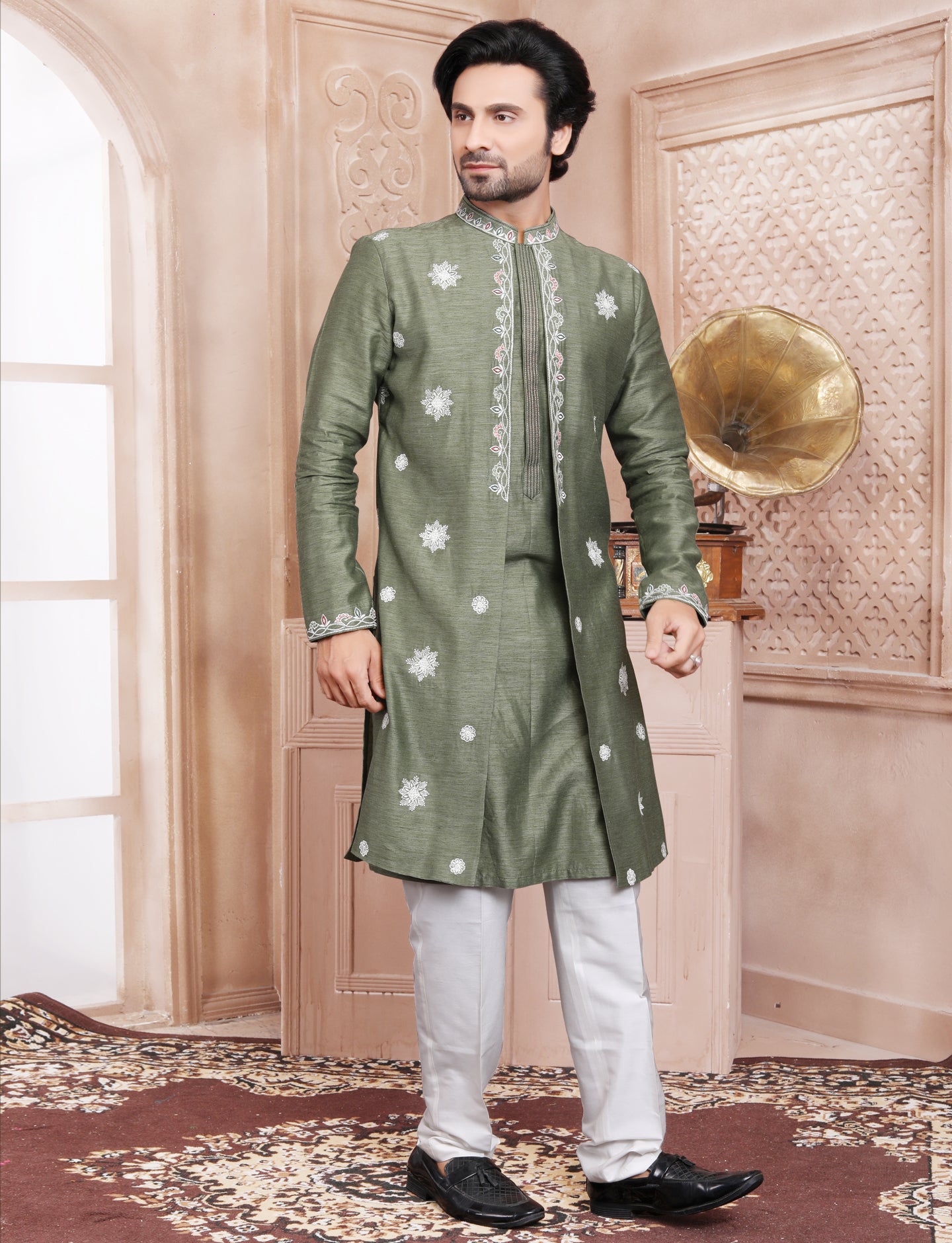 Olive Green Hand embroidery jacket Kurta With Aligarhi Pant