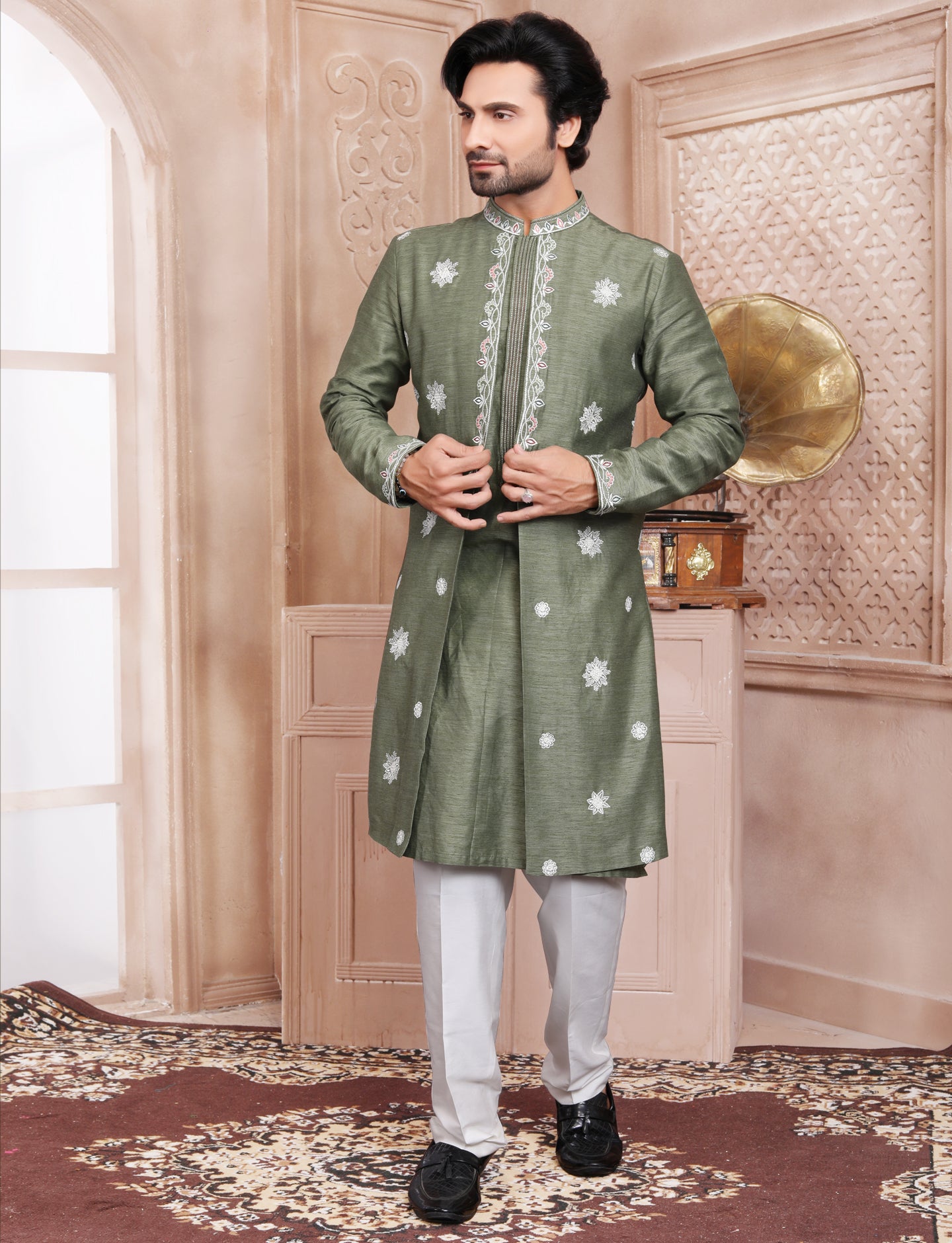 Olive Green Hand embroidery jacket Kurta With Aligarhi Pant