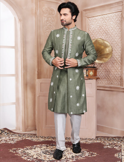 Olive Green Hand embroidery jacket Kurta With Aligarhi Pant