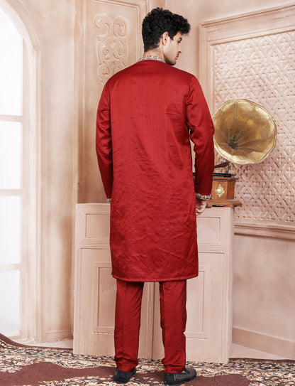 Maroon Elegant Thread Embroidery Stone Kurta With Aligarhi Pant