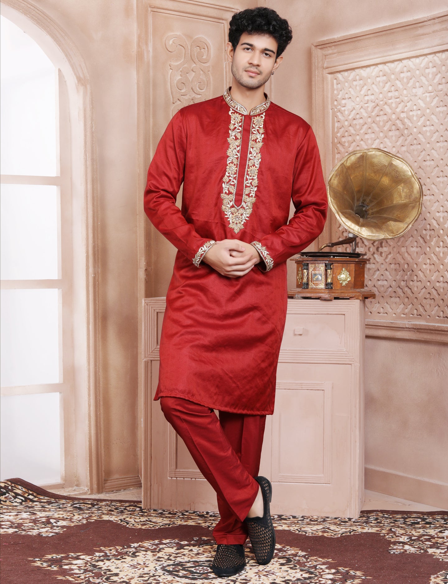 Maroon Elegant Thread Embroidery Stone Kurta With Aligarhi Pant