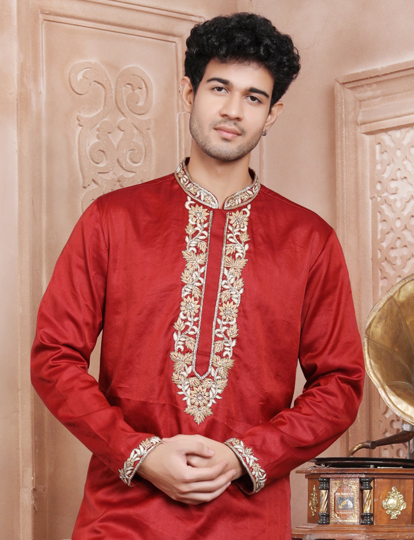 Maroon Elegant Thread Embroidery Stone Kurta With Aligarhi Pant