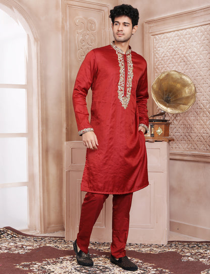 Maroon Elegant Thread Embroidery Stone Kurta With Aligarhi Pant