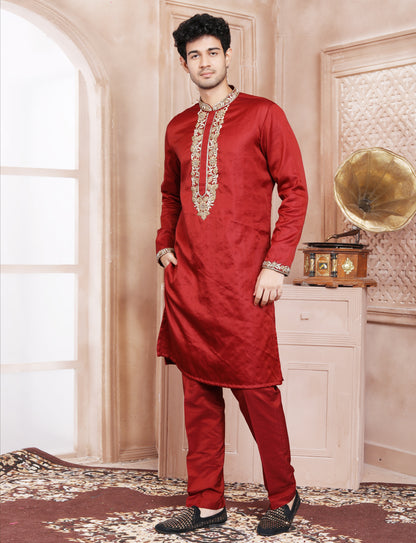 Maroon Elegant Thread Embroidery Stone Kurta With Aligarhi Pant