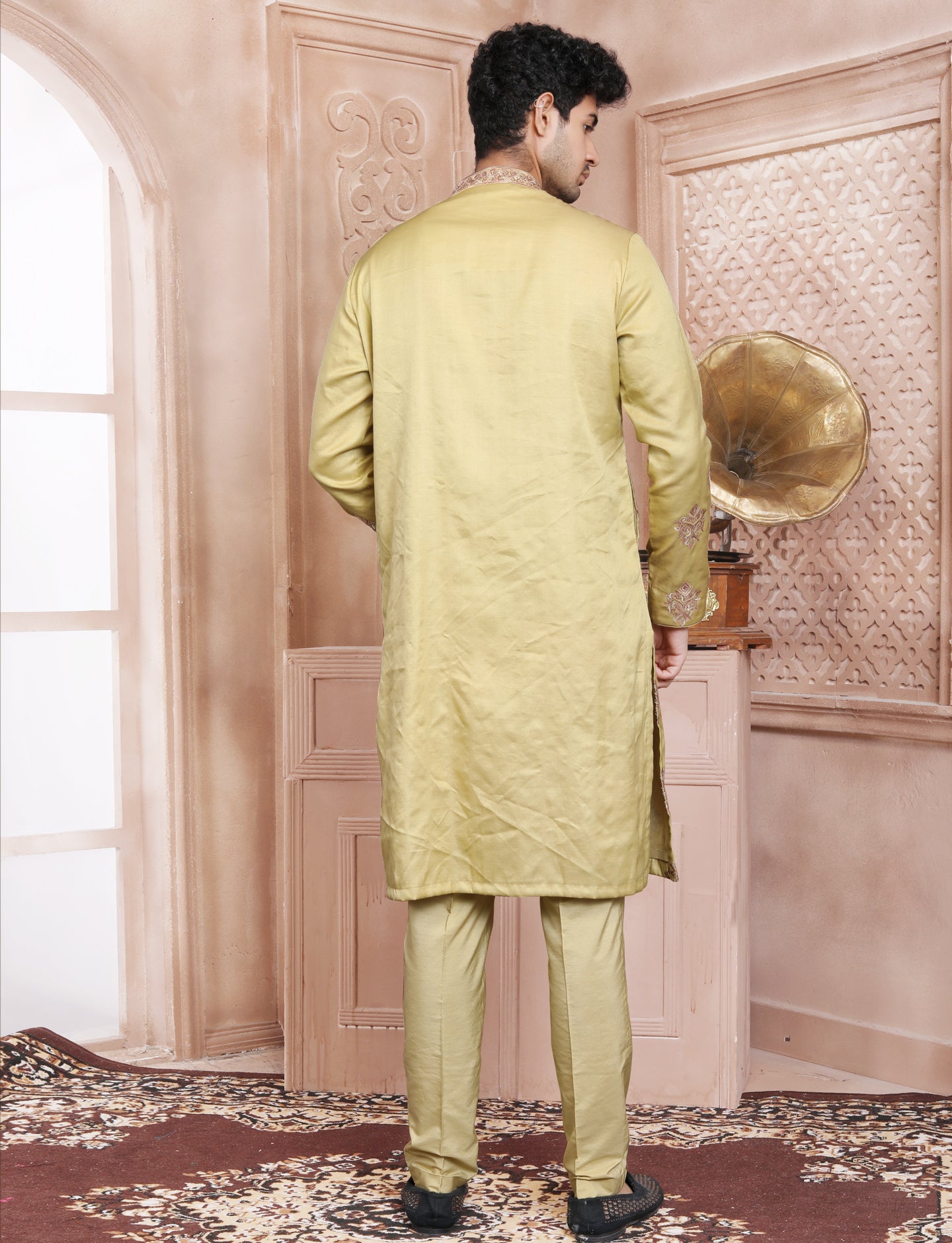 Titanium Yellow Stylis Full Hand Embroidery kurta With Aligarhi Pant