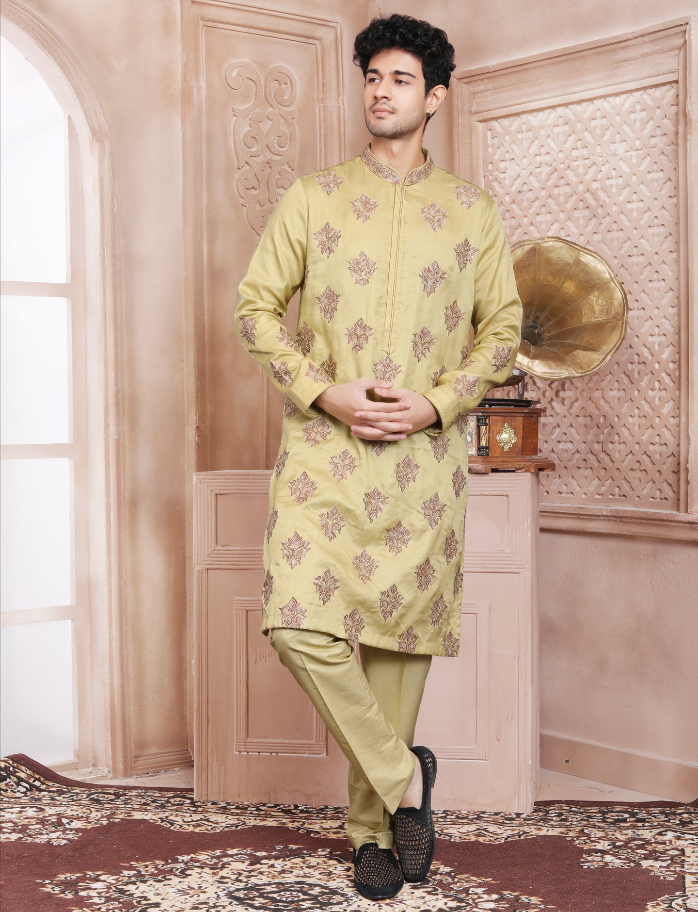 Titanium Yellow Stylis Full Hand Embroidery kurta With Aligarhi Pant