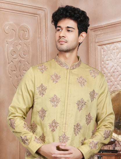 Titanium Yellow Stylis Full Hand Embroidery kurta With Aligarhi Pant