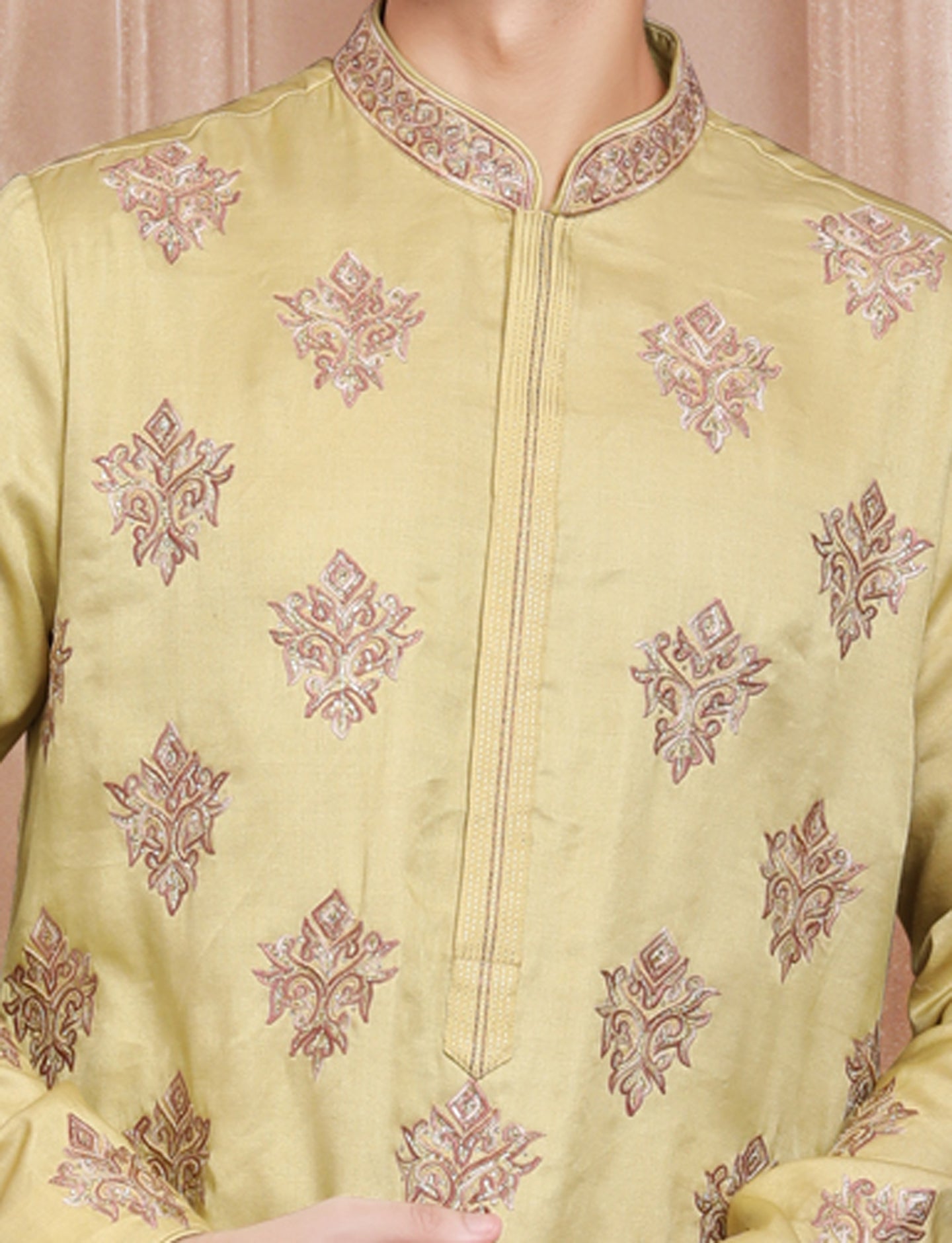 Titanium Yellow Stylis Full Hand Embroidery kurta With Aligarhi Pant