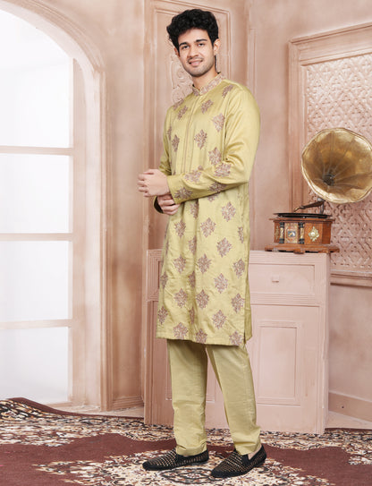 Titanium Yellow Stylis Full Hand Embroidery kurta With Aligarhi Pant