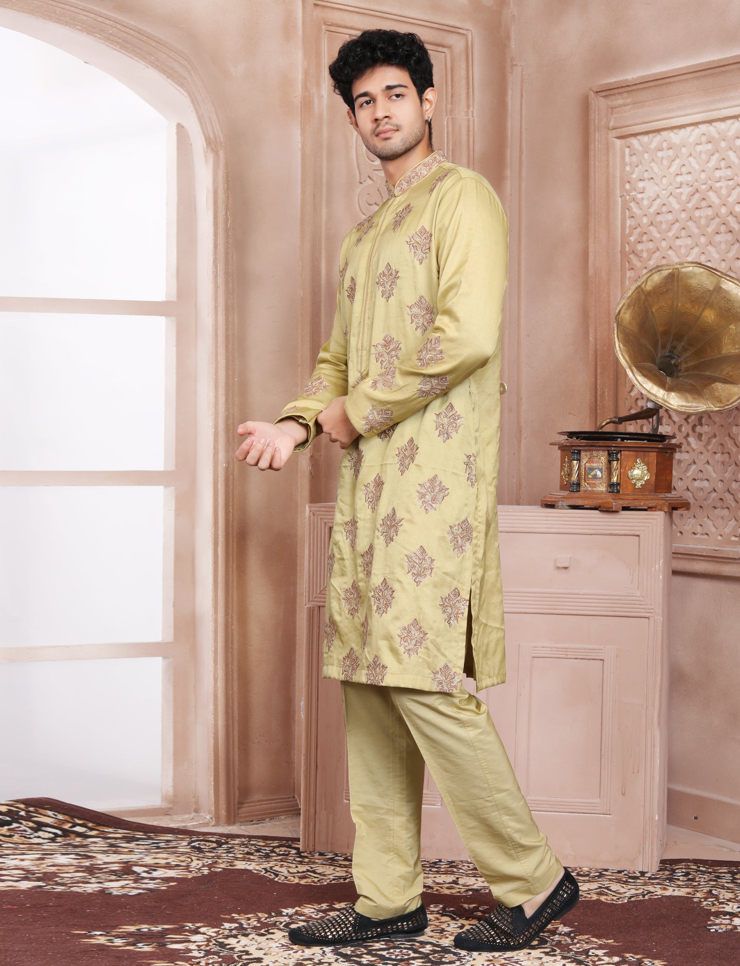 Titanium Yellow Stylis Full Hand Embroidery kurta With Aligarhi Pant