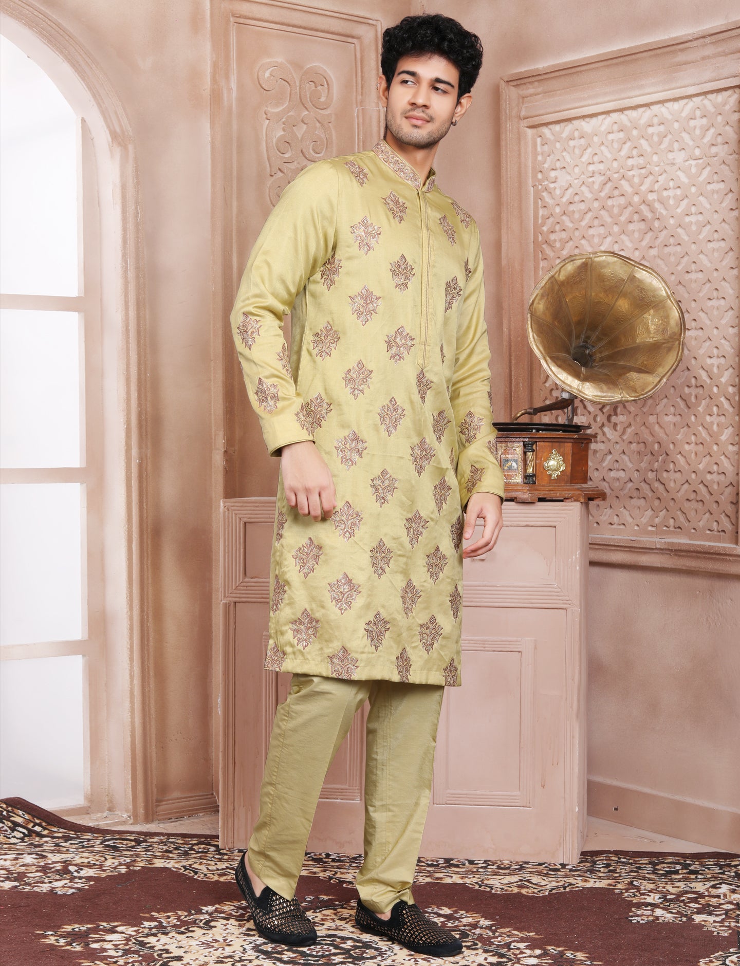 Titanium Yellow Stylis Full Hand Embroidery kurta With Aligarhi Pant