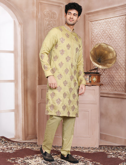 Titanium Yellow Stylis Full Hand Embroidery kurta With Aligarhi Pant