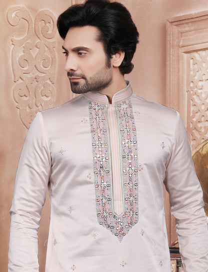 Light Pink Ethnic Handcrafted Mirror Work Kurta With Aligarhi Pant