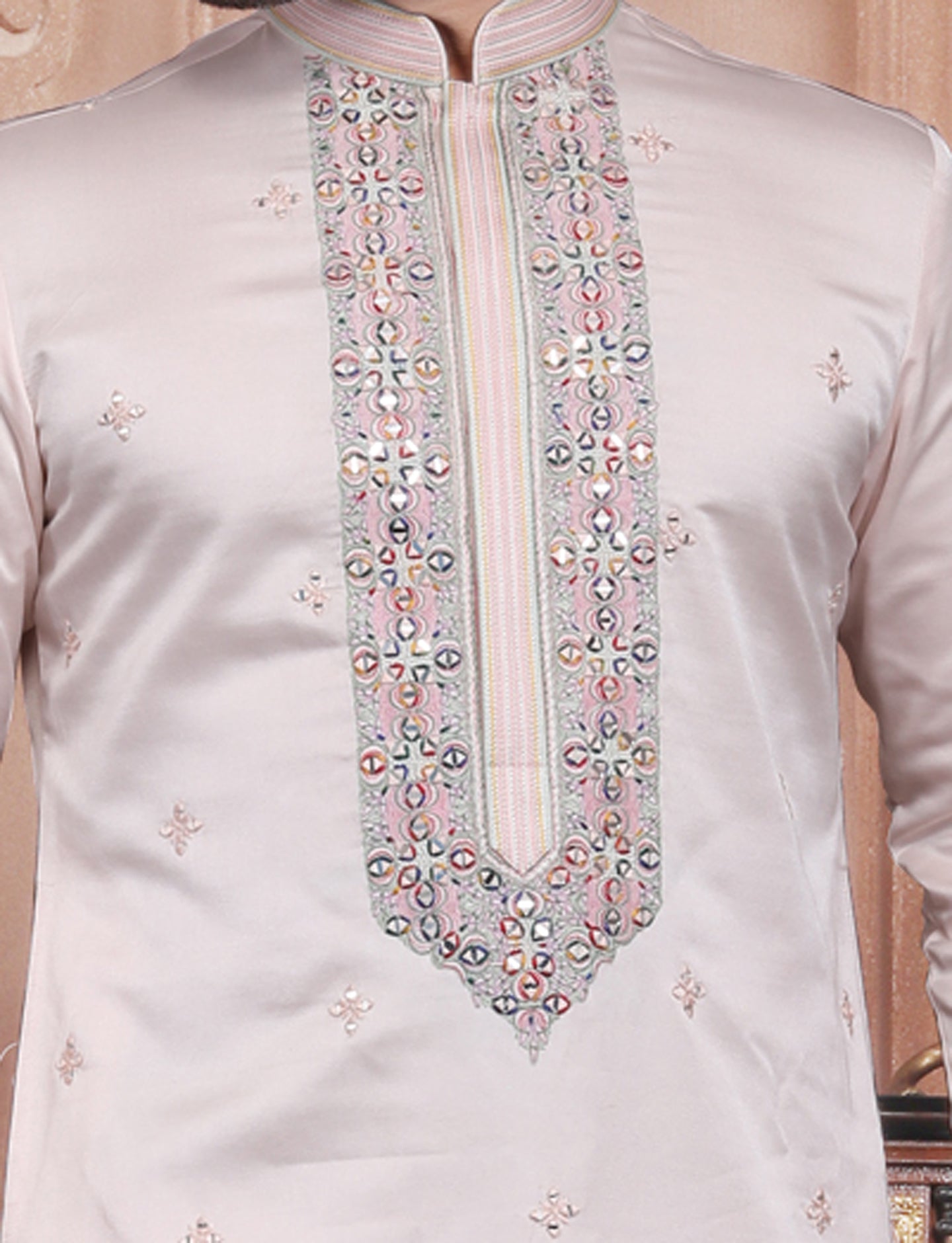 Light Pink Ethnic Handcrafted Mirror Work Kurta With Aligarhi Pant