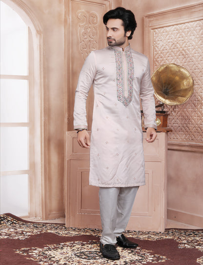 Light Pink Ethnic Handcrafted Mirror Work Kurta With Aligarhi Pant