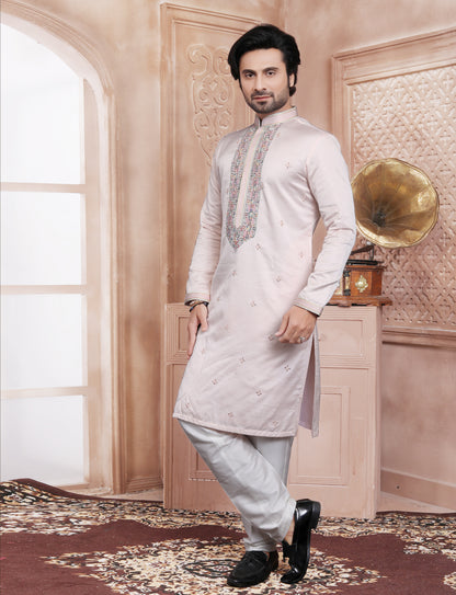 Light Pink Ethnic Handcrafted Mirror Work Kurta With Aligarhi Pant