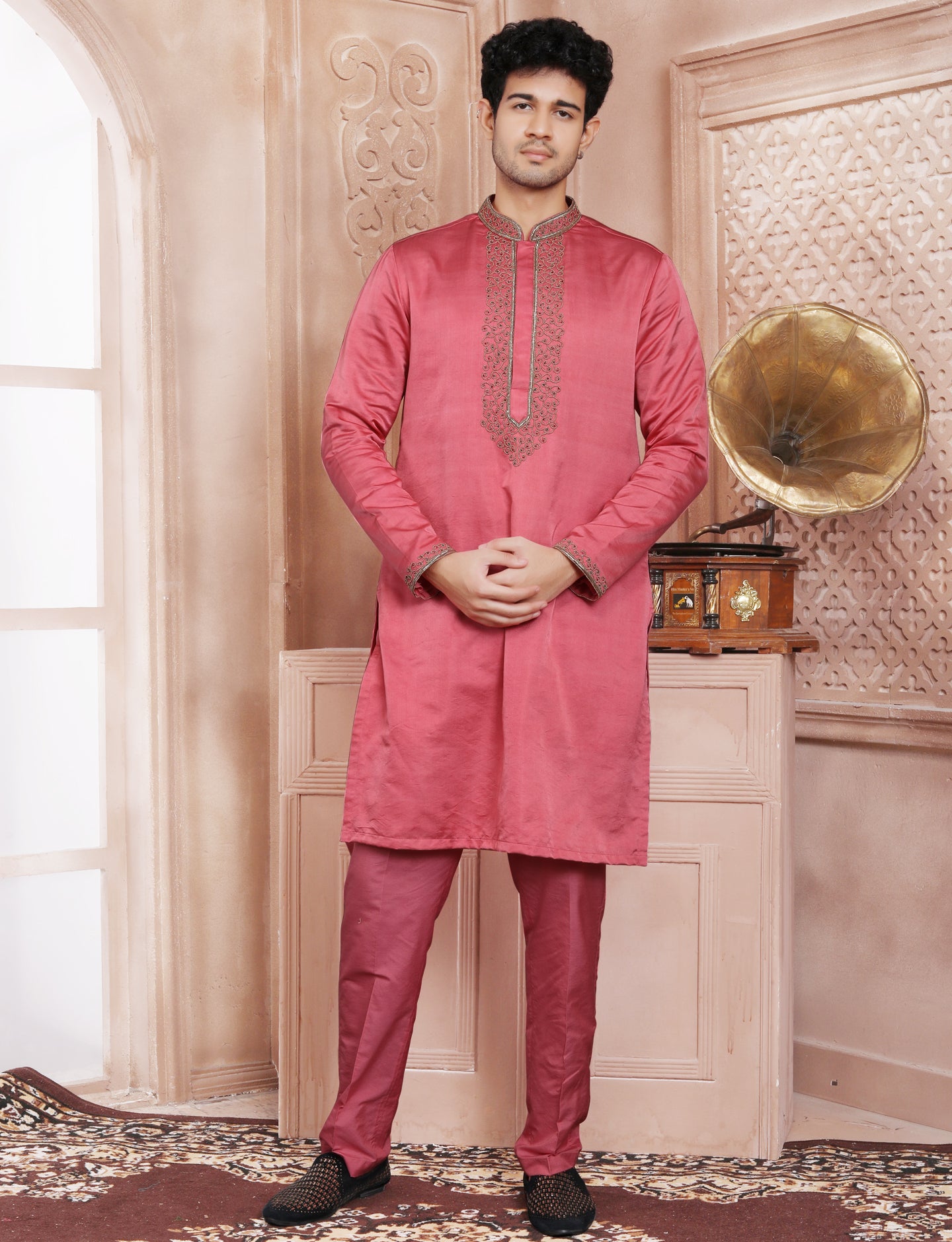 Pink Stylis Hand Work Kurta With Aligarhi Pant