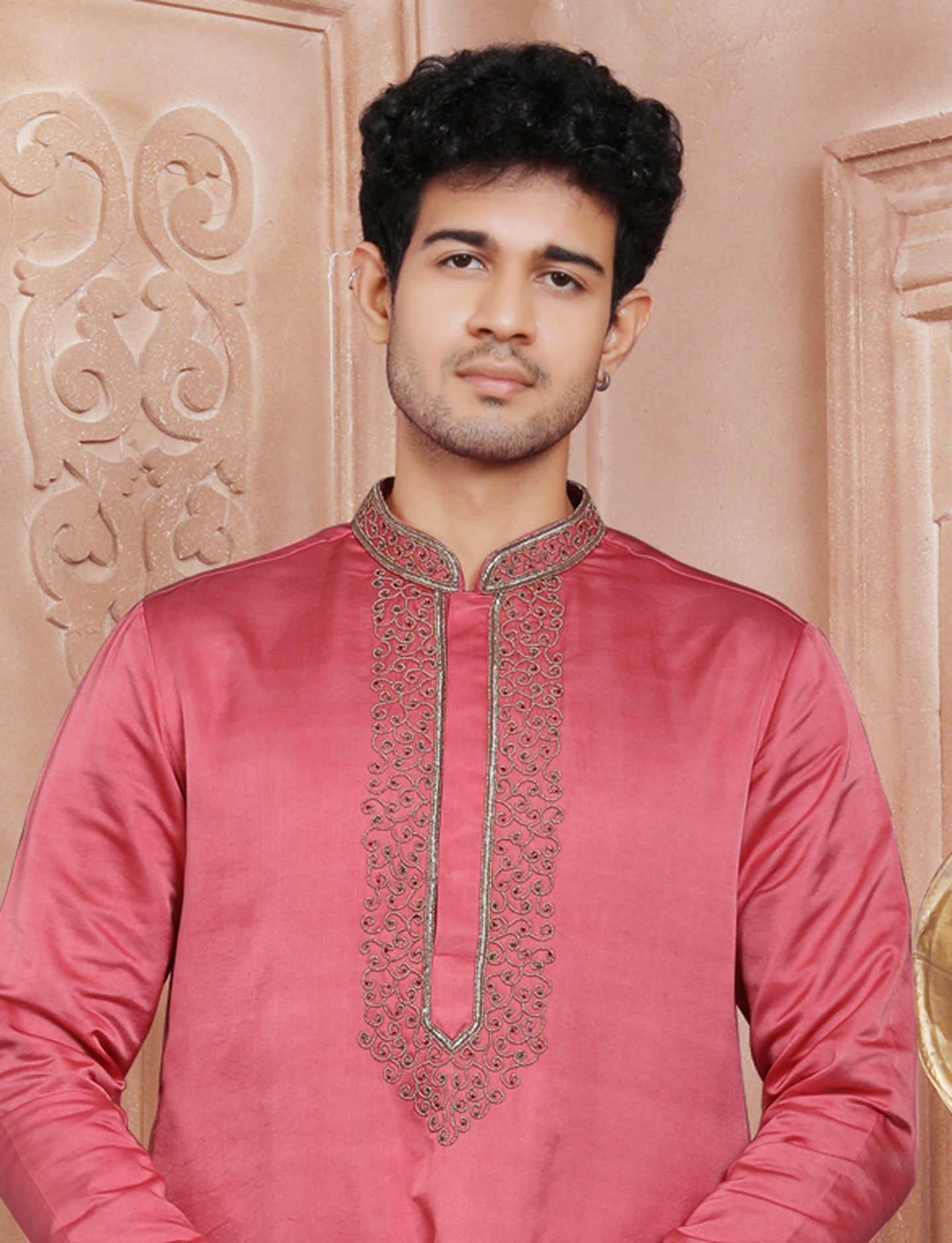 Pink Stylis Hand Work Kurta With Aligarhi Pant