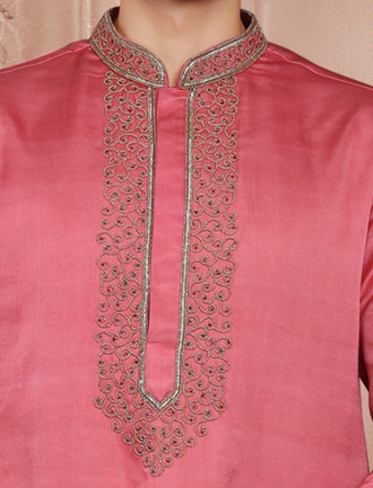 Pink Stylis Hand Work Kurta With Aligarhi Pant