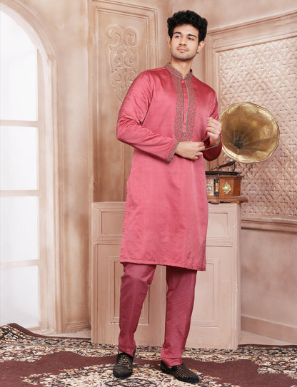 Pink Stylis Hand Work Kurta With Aligarhi Pant