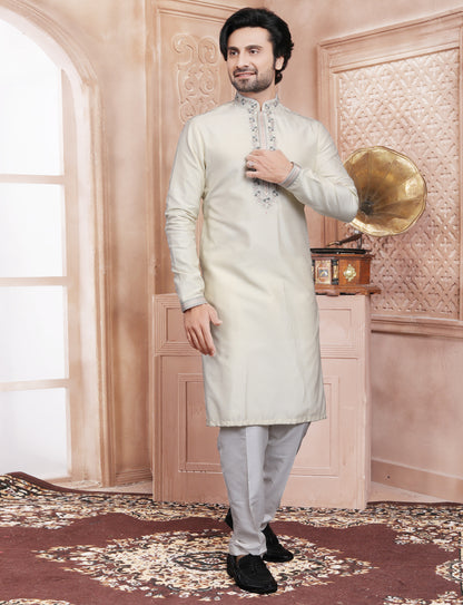 Cream Elegant Handcrafted embroidery kurta With Aligarhi Pant