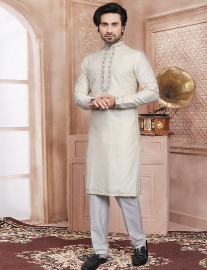 Cream Elegant Handcrafted embroidery kurta With Aligarhi Pant