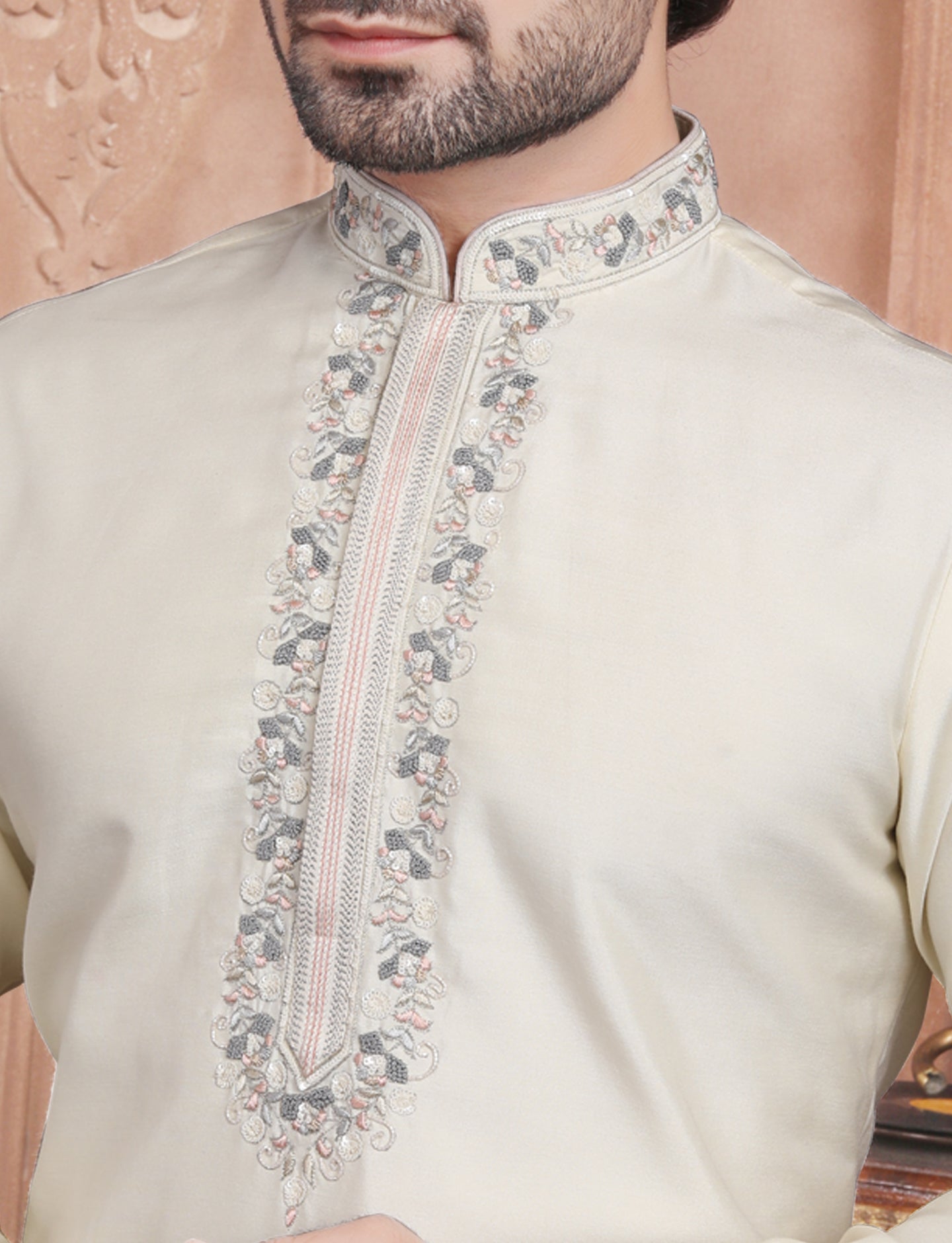 Cream Elegant Handcrafted embroidery kurta With Aligarhi Pant